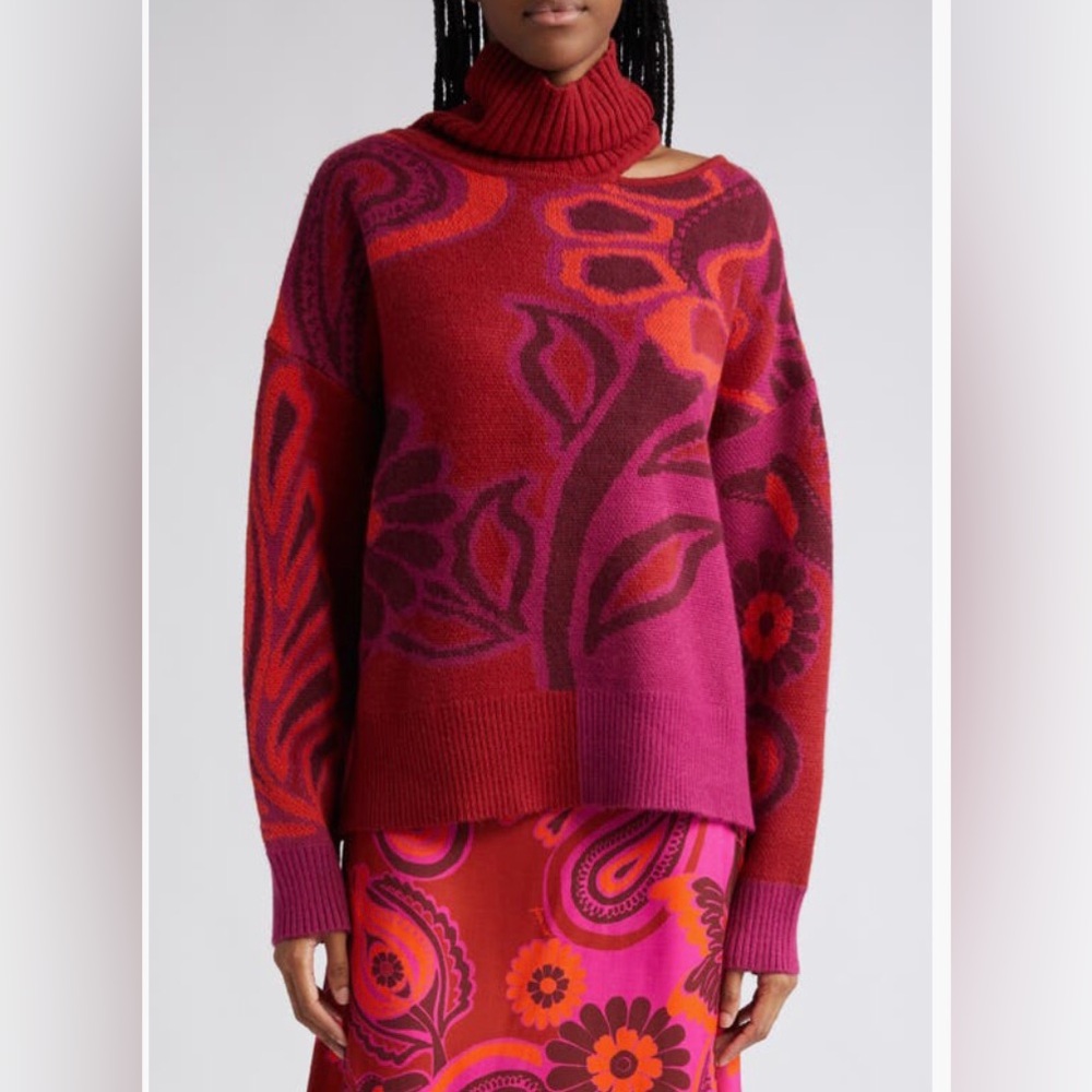 NWT $215 Farm Rio Shoulder-Cutout Turtleneck Knit Sweater in sizes S + XL!